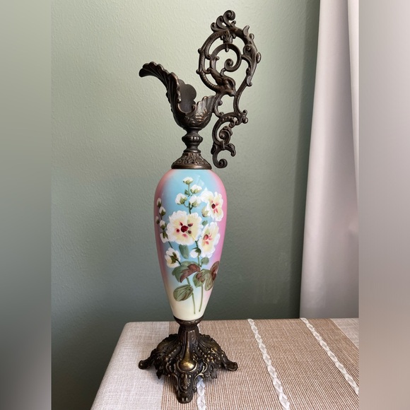 Antique Art Nouveau Hand Painted Ceramic and Brass Floral Ewer